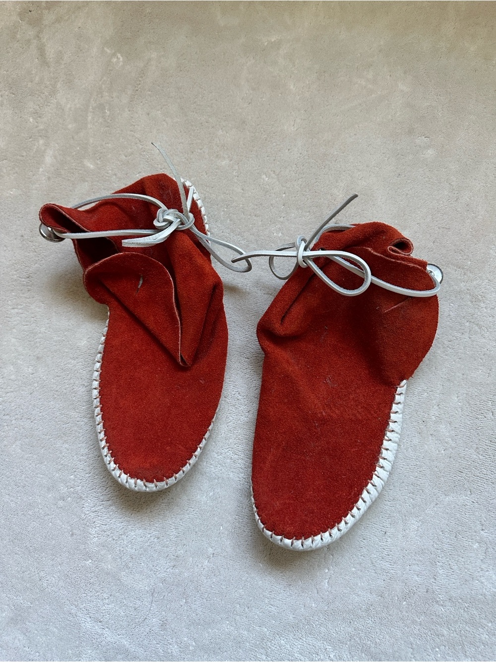Rust Red Suede Moccasin Flats with White Lacing